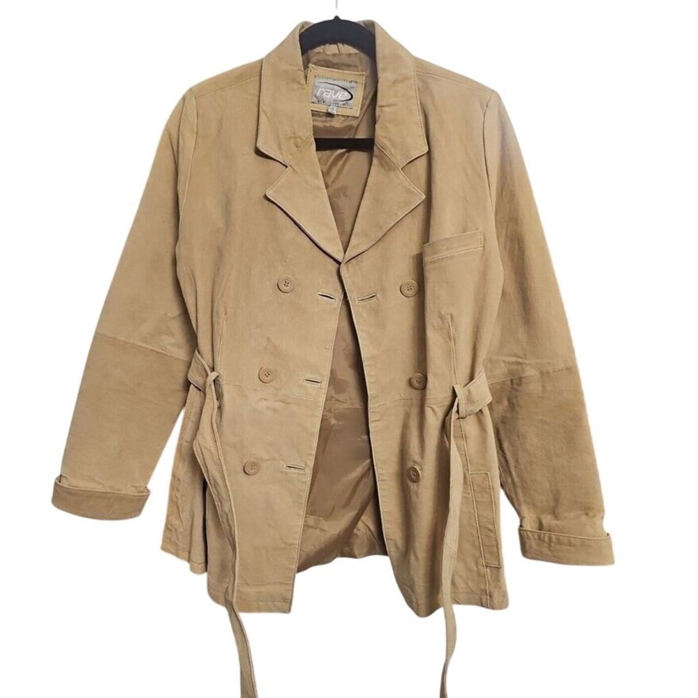 Vintage Prive Women's Tan Genuine Leather Suede Double Breasted Jacket Coat Sz M